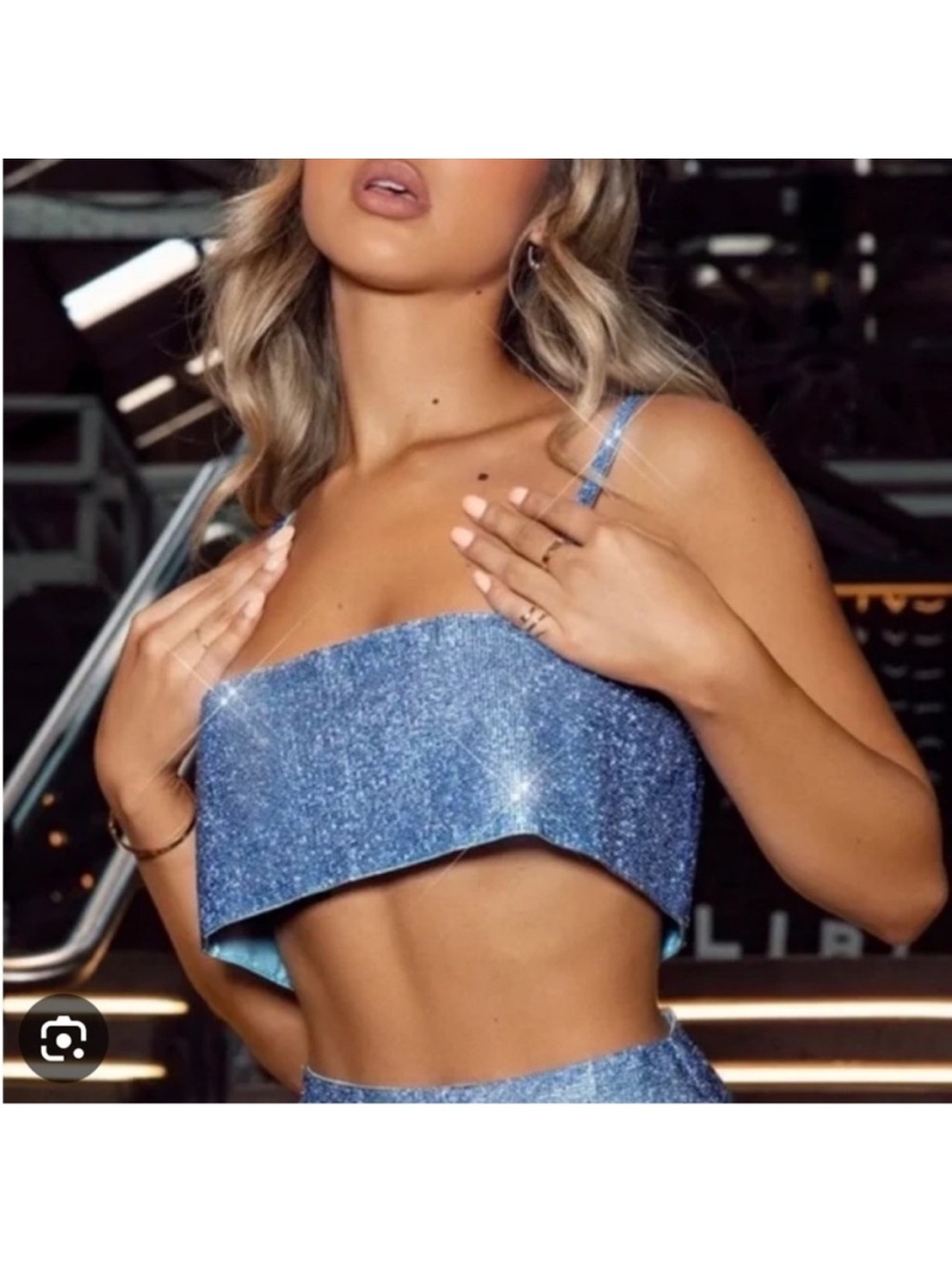 White Fox Boutique Glitter Blue One-Shoulder Crop Top